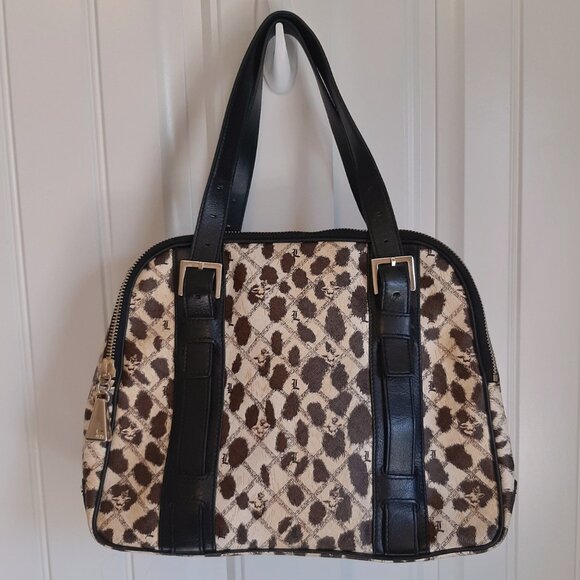 L.A.M.B. Y2K Leopard Print Coated Canvas Black Leather Shoulder Bag Satchel - Picture 5 of 16